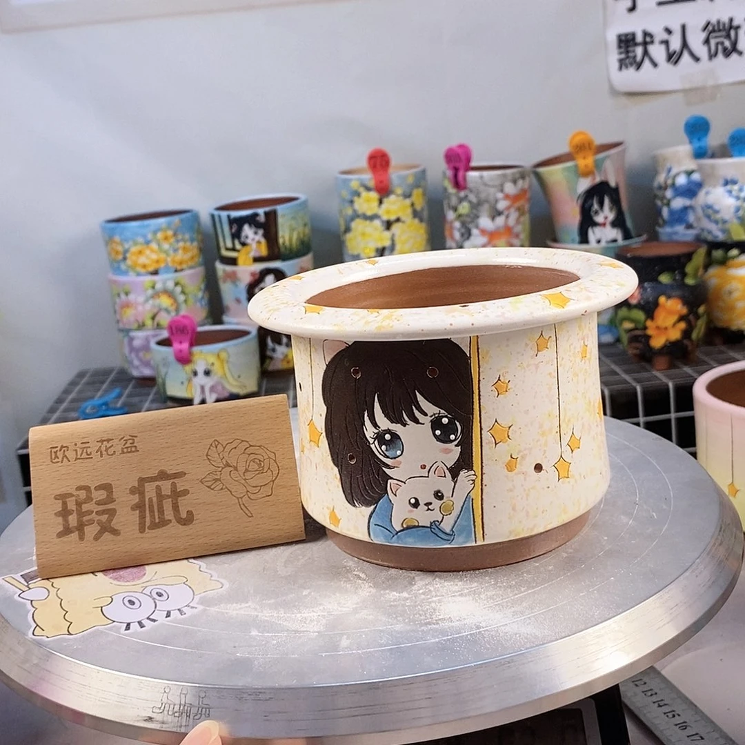 紫砂花盆红陶手绘花盆