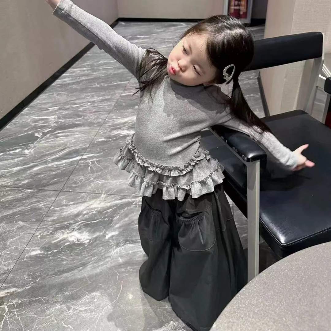 4927女童时尚洋气休闲百搭春秋季花边长袖打底