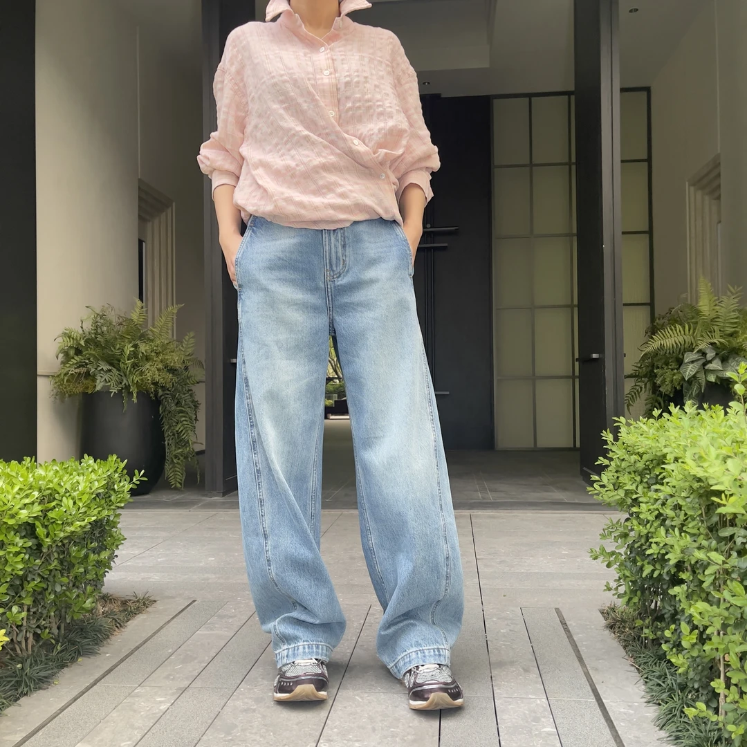 浅蓝色阔腿弯刀牛仔裤25夏季新款水洗高腰S50025复古薄款
