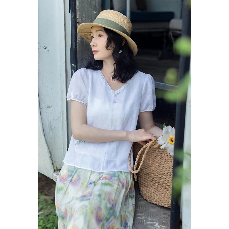 红念白色V领苎麻刺绣衬衫女短袖夏季2025年新款女装气质麻料上衣