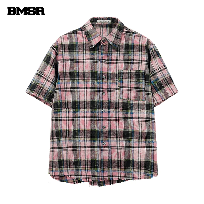 BENMYSHOWER美式复古粉色做旧毛边晕染休闲格子衬衫夏季