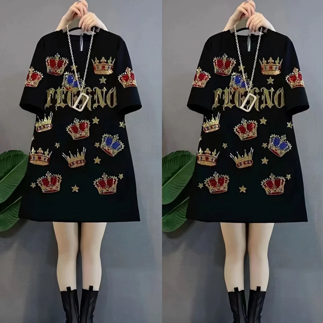 欧洲站重工烫钻中长款T恤轻奢皇冠闪亮宽松大衫大码女装休闲圆领