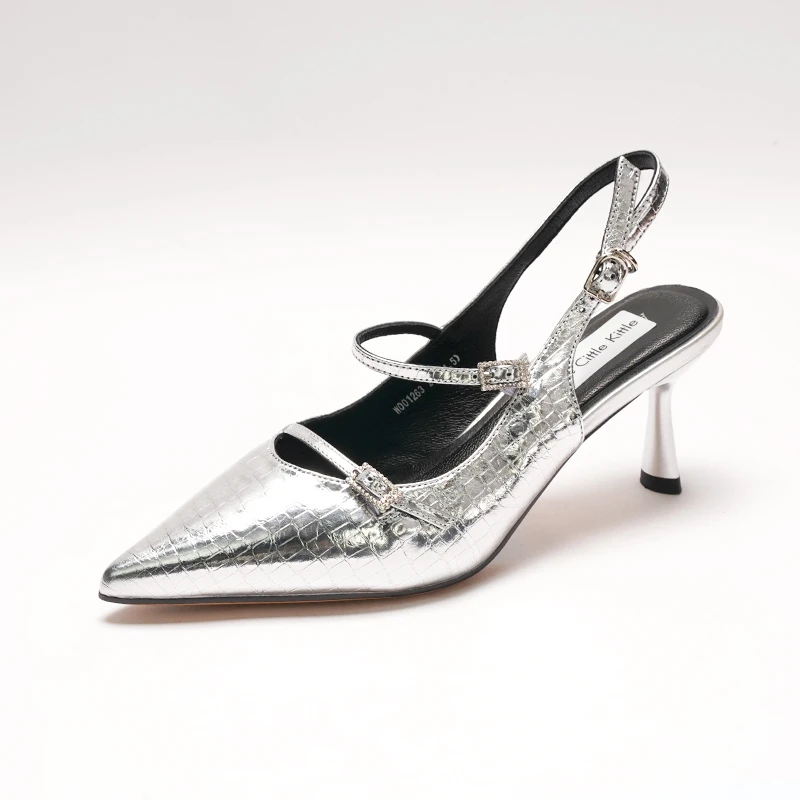 凉鞋尖头女时装凉鞋水钻亮片凉鞋银色漆皮带钻婚鞋细跟