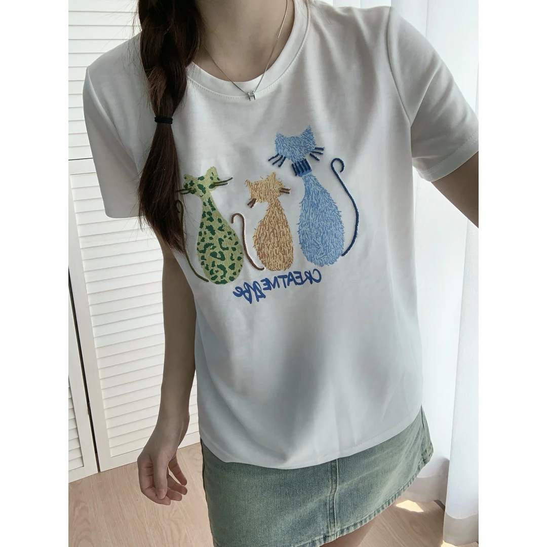 印花短袖T恤可爱猫咪夏季透气百搭正肩圆领显瘦趣味新款上衣女