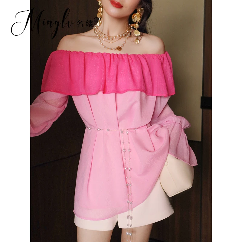 名缕女装名媛淑女风粉色拼色时尚荷叶边亮丝闪光宽松喇叭袖一字肩