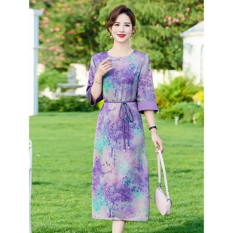 时尚印花减龄气质连衣裙女夏季新款系带收腰显瘦裙子圆领中袖长裙