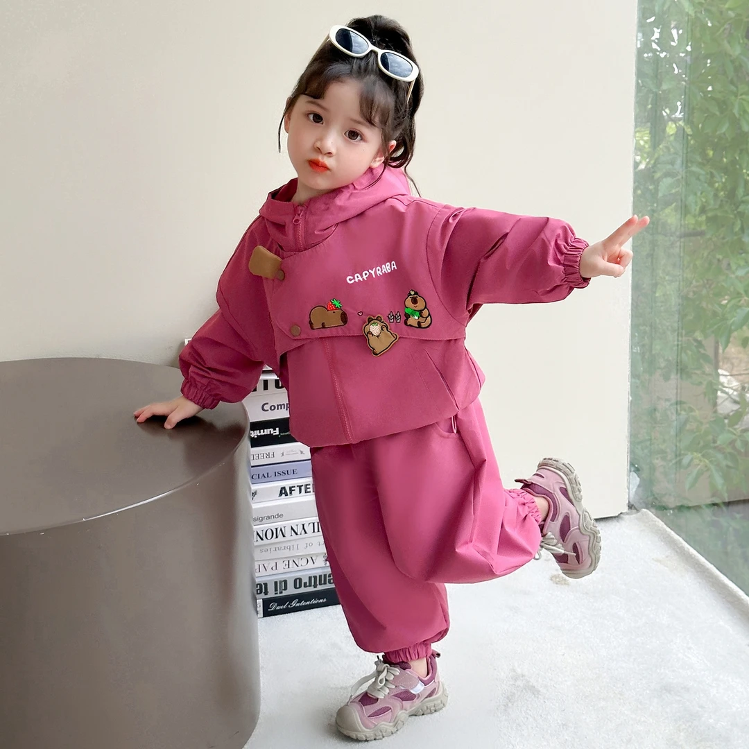 女童秋季套装洋气新款儿童工装连帽外套女孩春秋款卡通休闲两件套