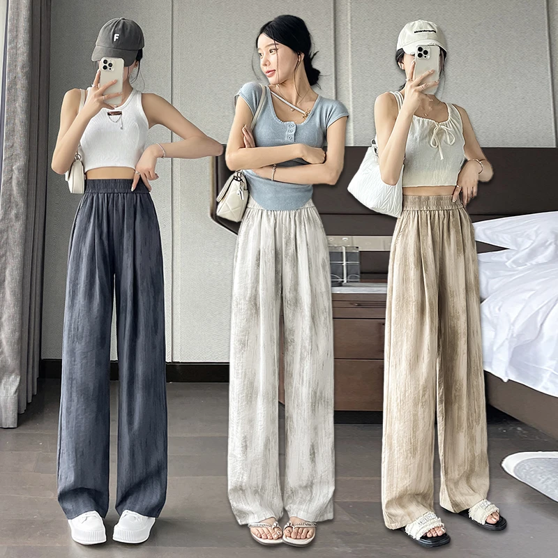 冰丝亚麻阔腿裤女夏季薄款大码女士直筒休闲女裤垂感扎染山本裤子