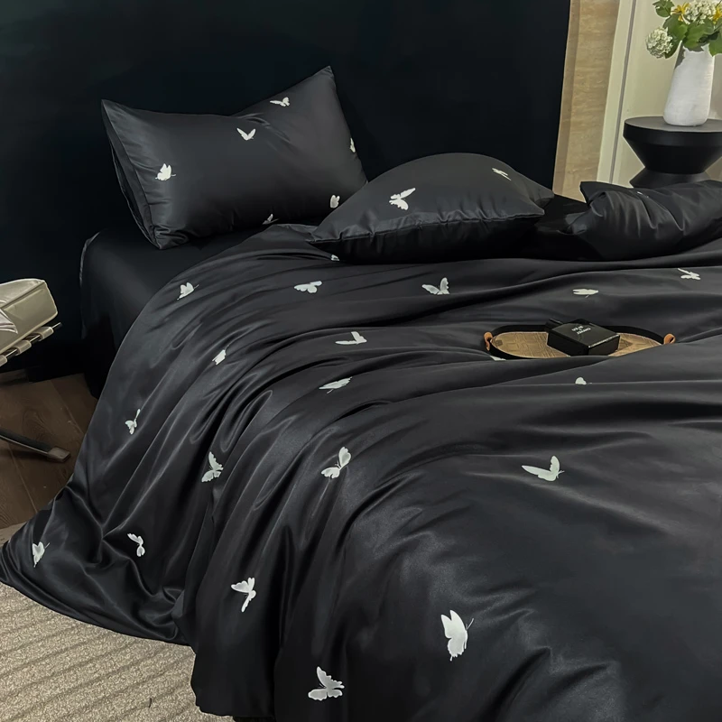 高级感黑色蝴蝶冰丝被套四件套北欧风双面凉感床品公寓床单三件套