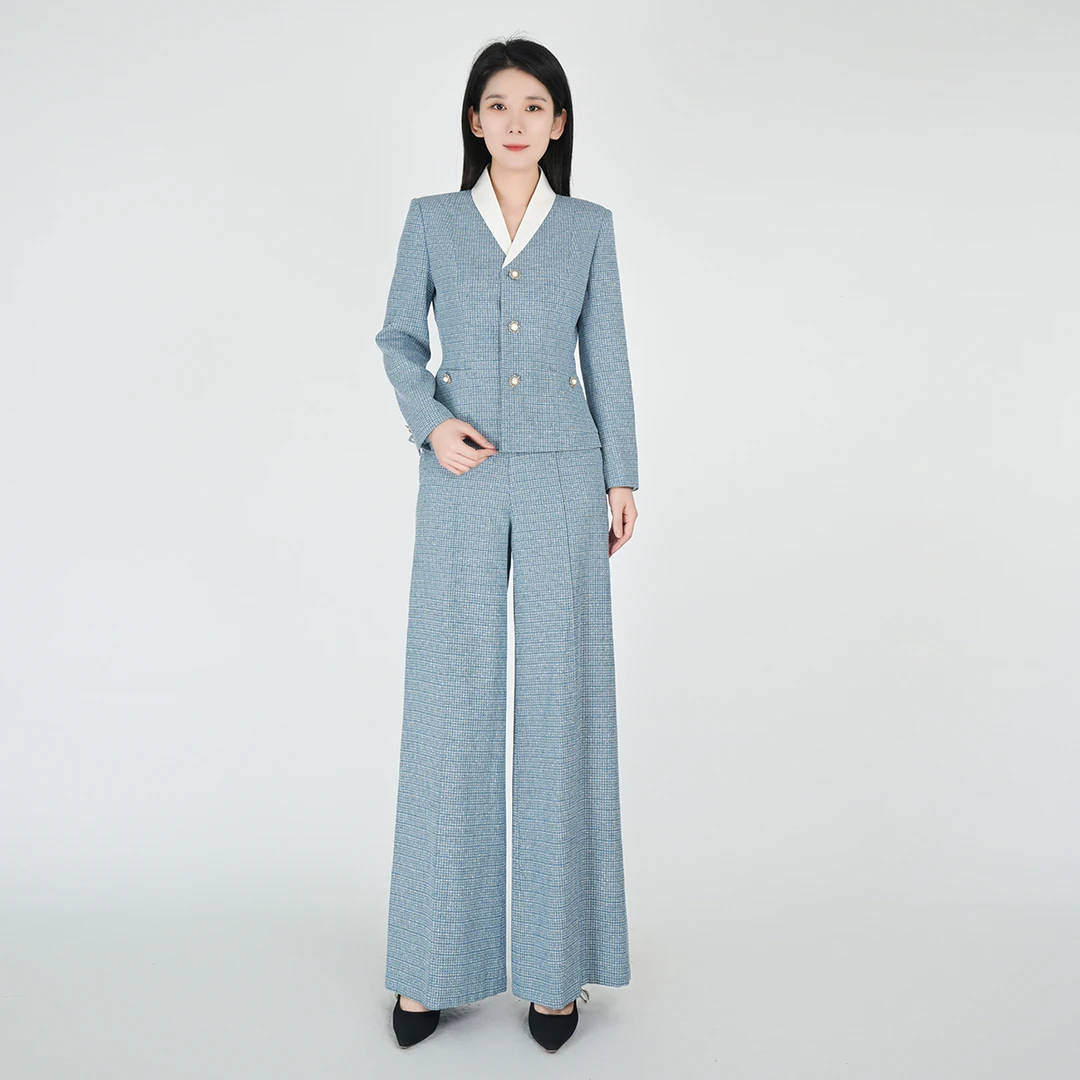 中国风秋季蓝色时尚优雅小香风女雪沅套装HCSS050815+HCSS050816