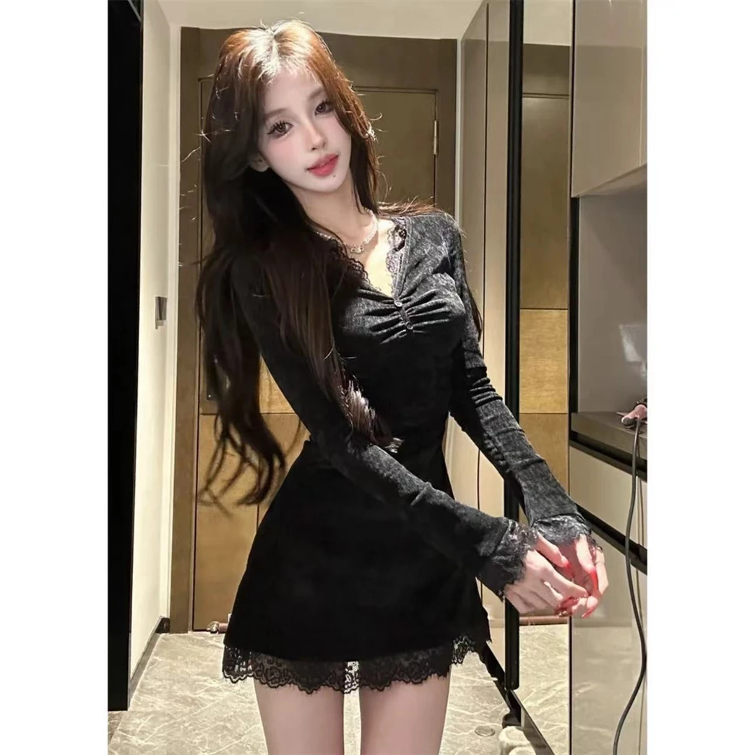 法式御姐蕾丝边连衣裙女2025春秋修身加厚内搭短裙68596