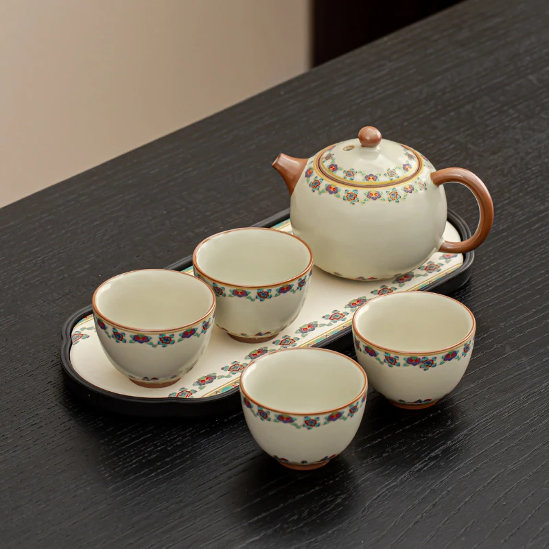 汝窑敦煌花饰茶具小套装送闺蜜女友礼盒装酒店民宿家用2-4人泡茶