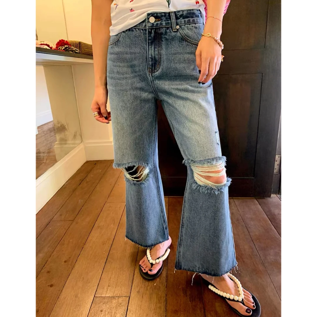 2025新款设计感破洞水洗高腰时尚九分牛仔喇叭裤