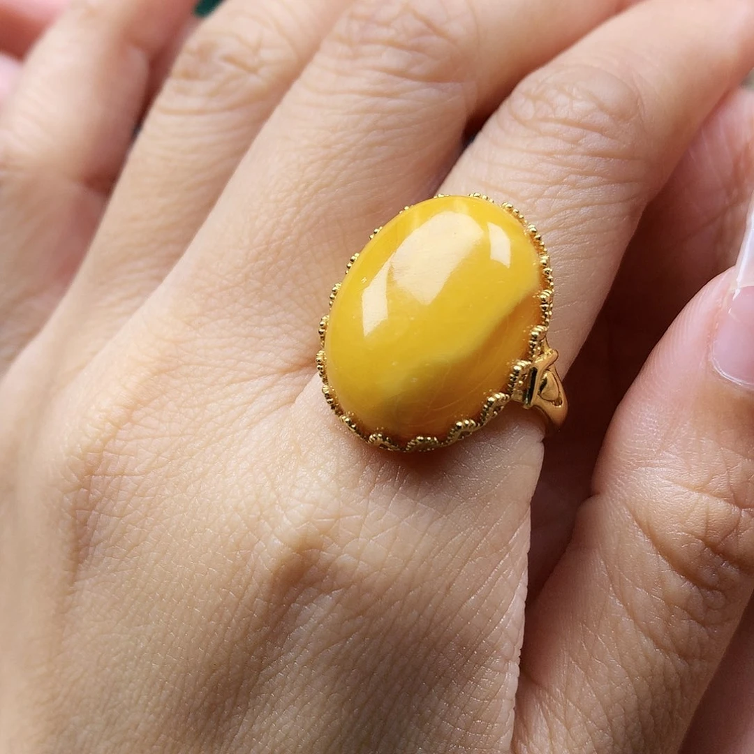 蜜蜡戒指银S925镶嵌戒指