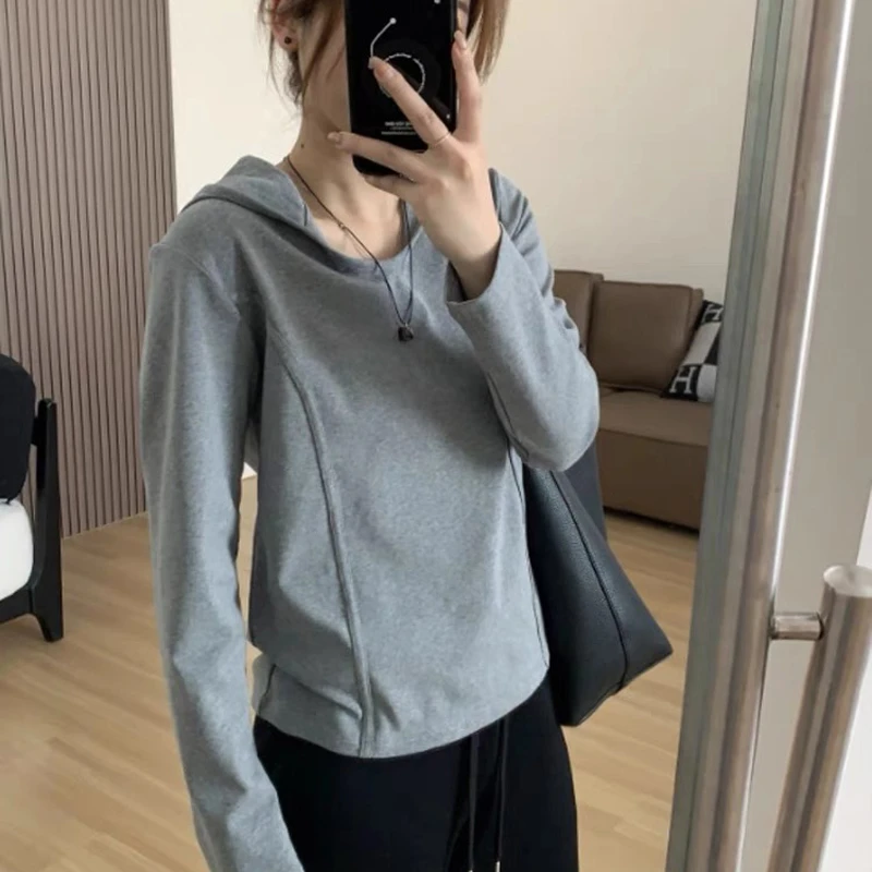 连帽U领显瘦卫衣打底衫女新款春显瘦长袖t恤鱼骨正肩上衣T恤 8846