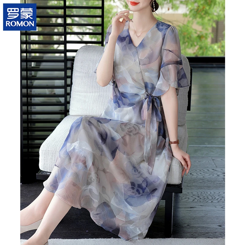 罗蒙高档妈妈夏装花色雪纺连衣裙时尚V领纱袖过膝裙中老年女裙子