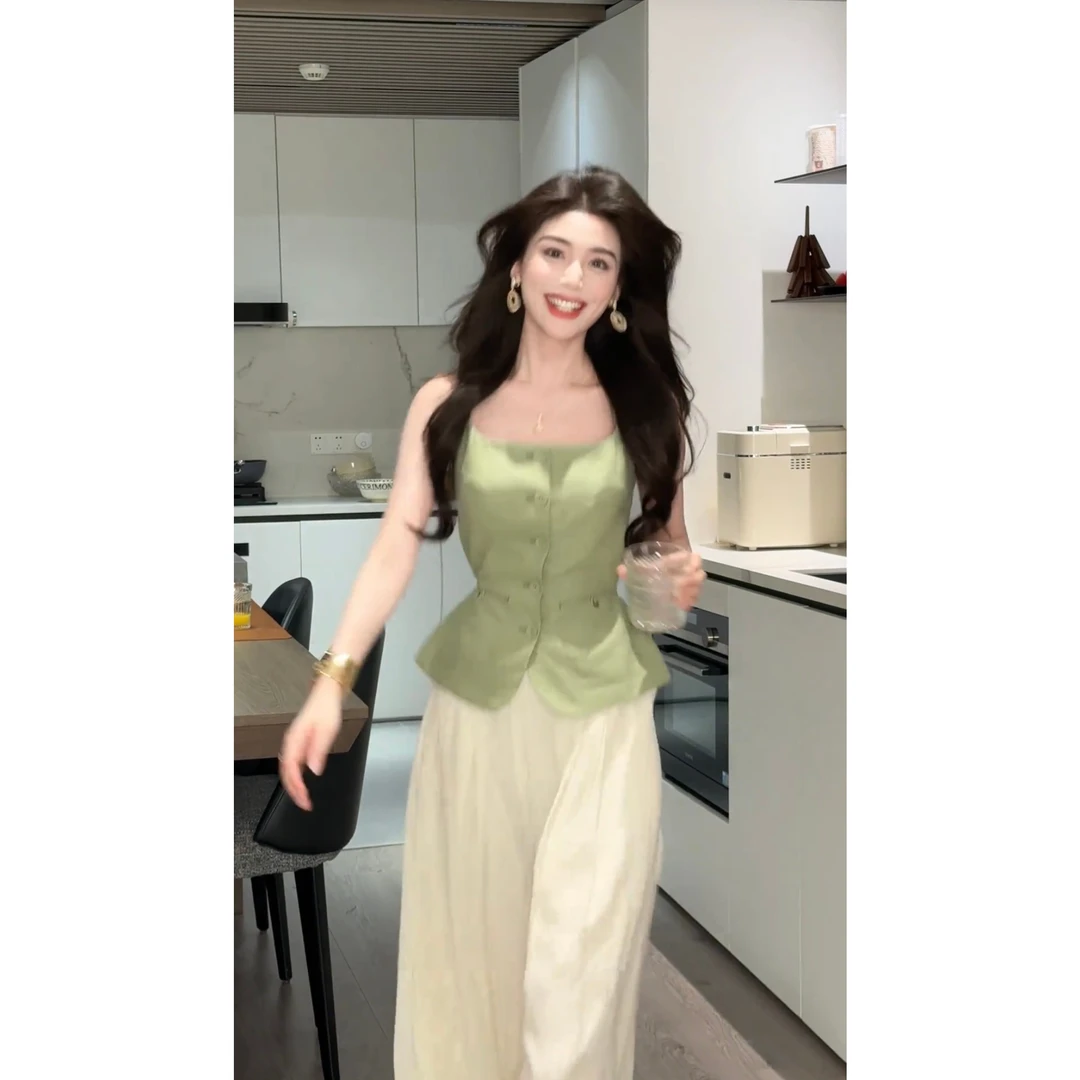 2025巨好看的夏装一整套洋气时尚上衣老钱风吊带背心阔腿裤两件套