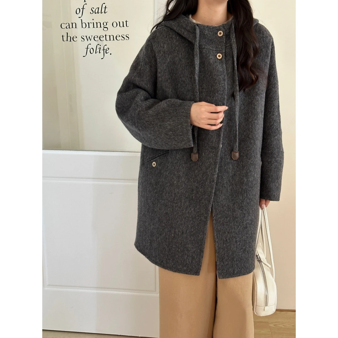 新款双面羊毛大衣连帽外套女轻奢加厚保暖宽松中长款羊绒秋冬外套