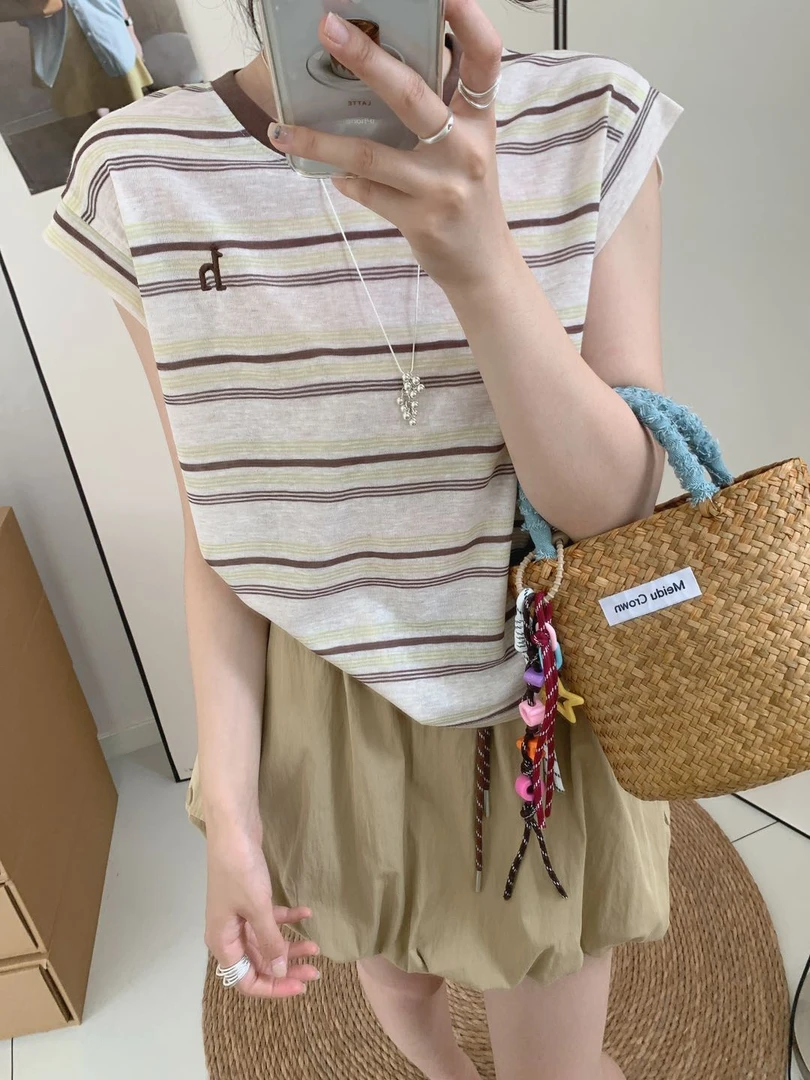 夏季短袖【修身条纹】设计感刺绣夏季女款提花T恤内搭韩版短袖