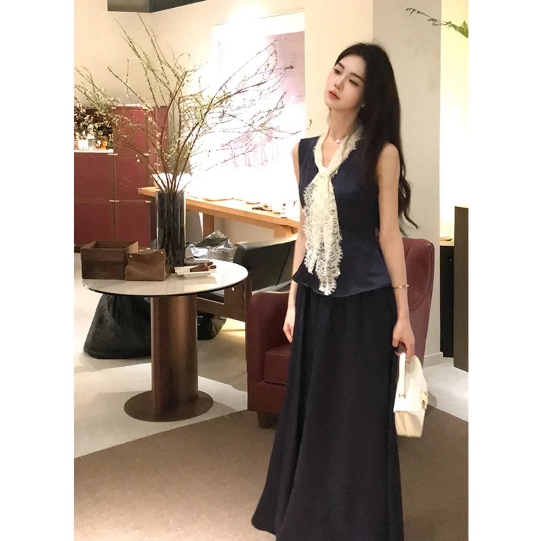 木子李的李千岁鹤归无袖蕾丝收腰上衣显瘦a字半身长裙LL9558