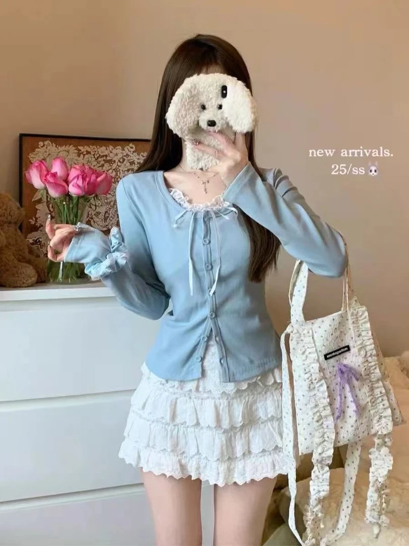 5005 大码 新款纯欲风蕾丝蝴蝶结假两件甜妹打底衫