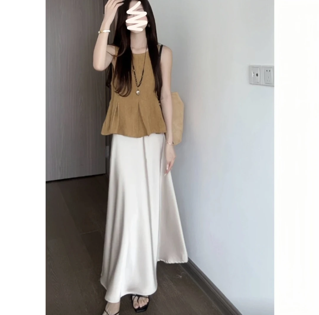 2025夏季新款温柔风褶皱收腰无袖背心上衣气质高腰缎面半身中长裙