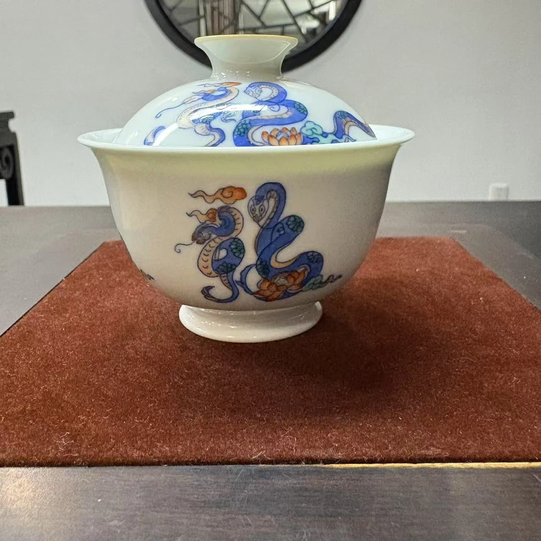 涂杏花窑蛇盘五福盖碗