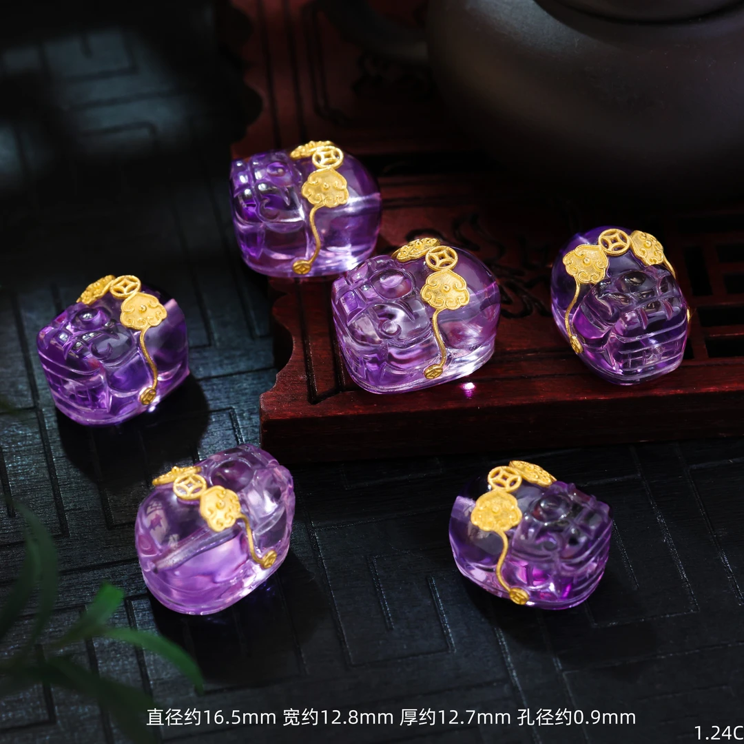 【金豆珠宝】18K金加大号如意钱紫水晶貔貅隔珠顶珠精工配饰C