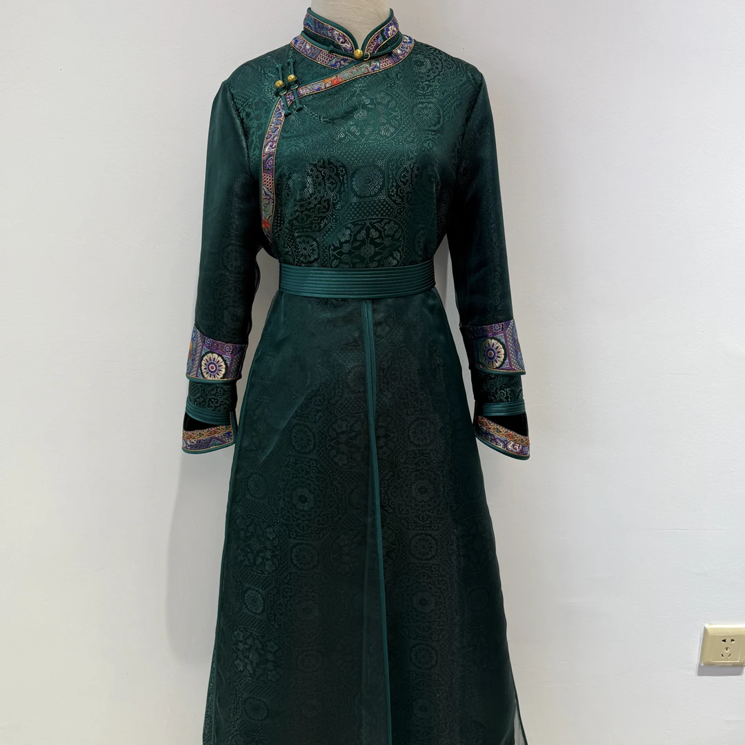 民族风蒙古族传统改良长款连衣裙女士日常装修身显瘦立领长袍