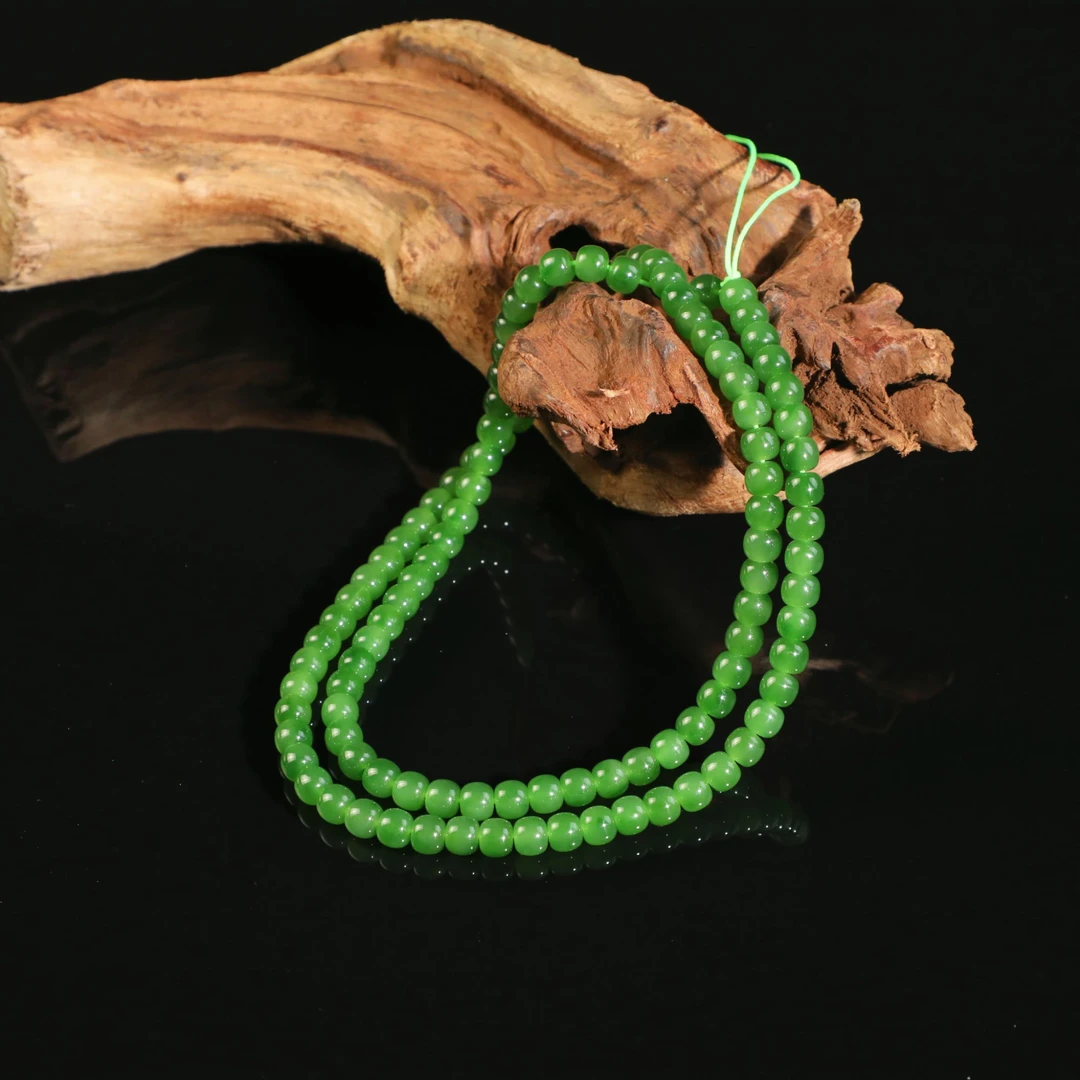 和田玉老俄碧7号矿冰阳绿108颗老型珠无包容卡7项链妈妈链