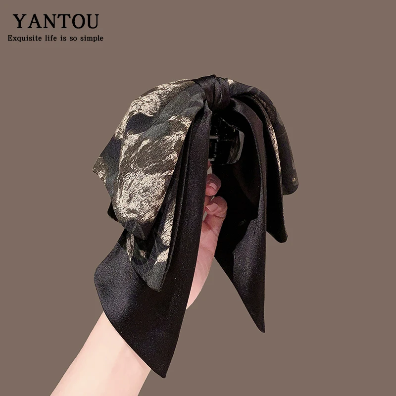 国风飘带蝴蝶结雪纺抓夹新中式水墨画高马尾气质高级感后脑勺发夹