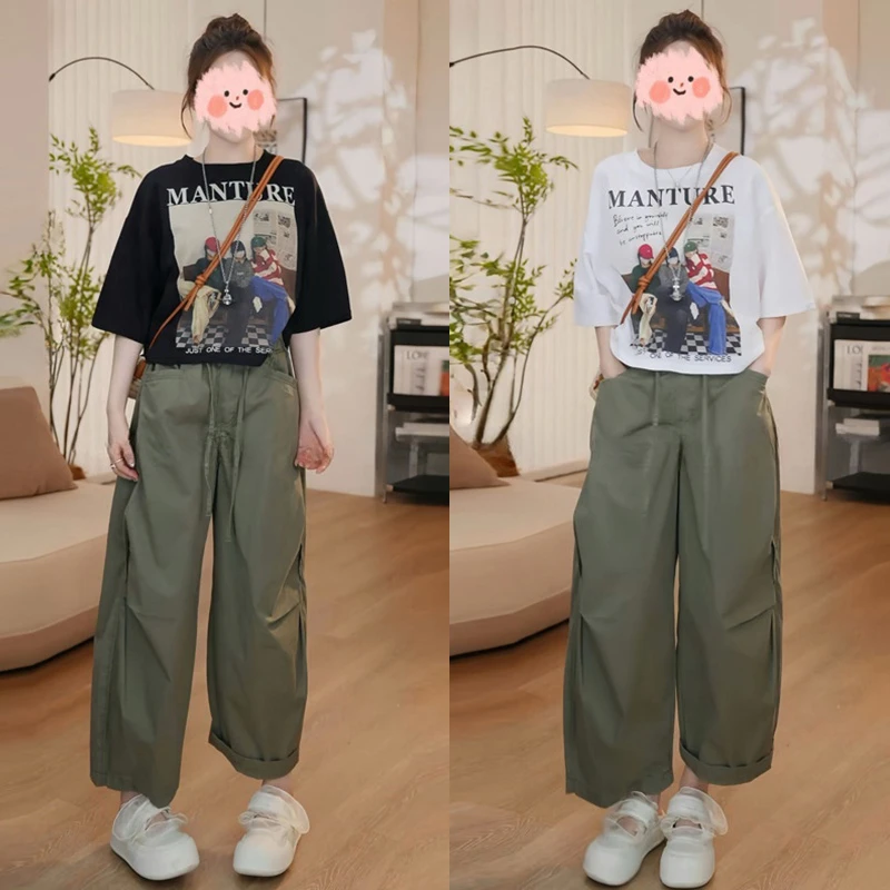 文艺时尚T恤裤子两件套女2025夏季新款休闲潮流印花宽松韩系套装