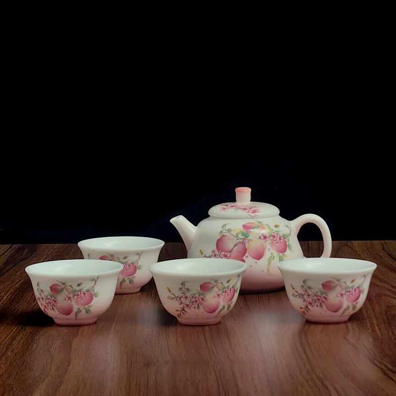 桃花羊脂玉系列陶瓷一壶四杯桃之夭夭茶杯白瓷品茗杯茶具家用高档