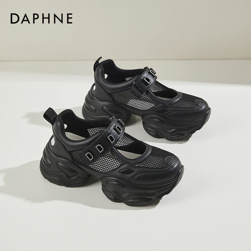 达芙妮女鞋厚底老爹鞋2025夏季百搭魔术贴网面镂空透气运动休闲鞋