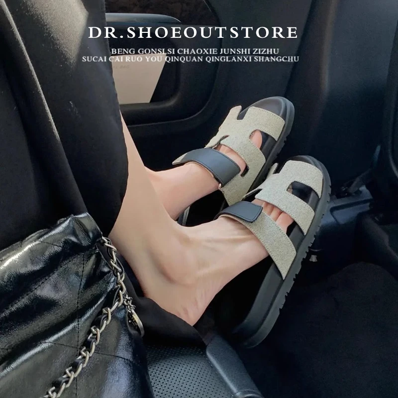 【官方正品】二舅h拖鞋女夏外穿2025新款厚底魔术贴一字带凉拖