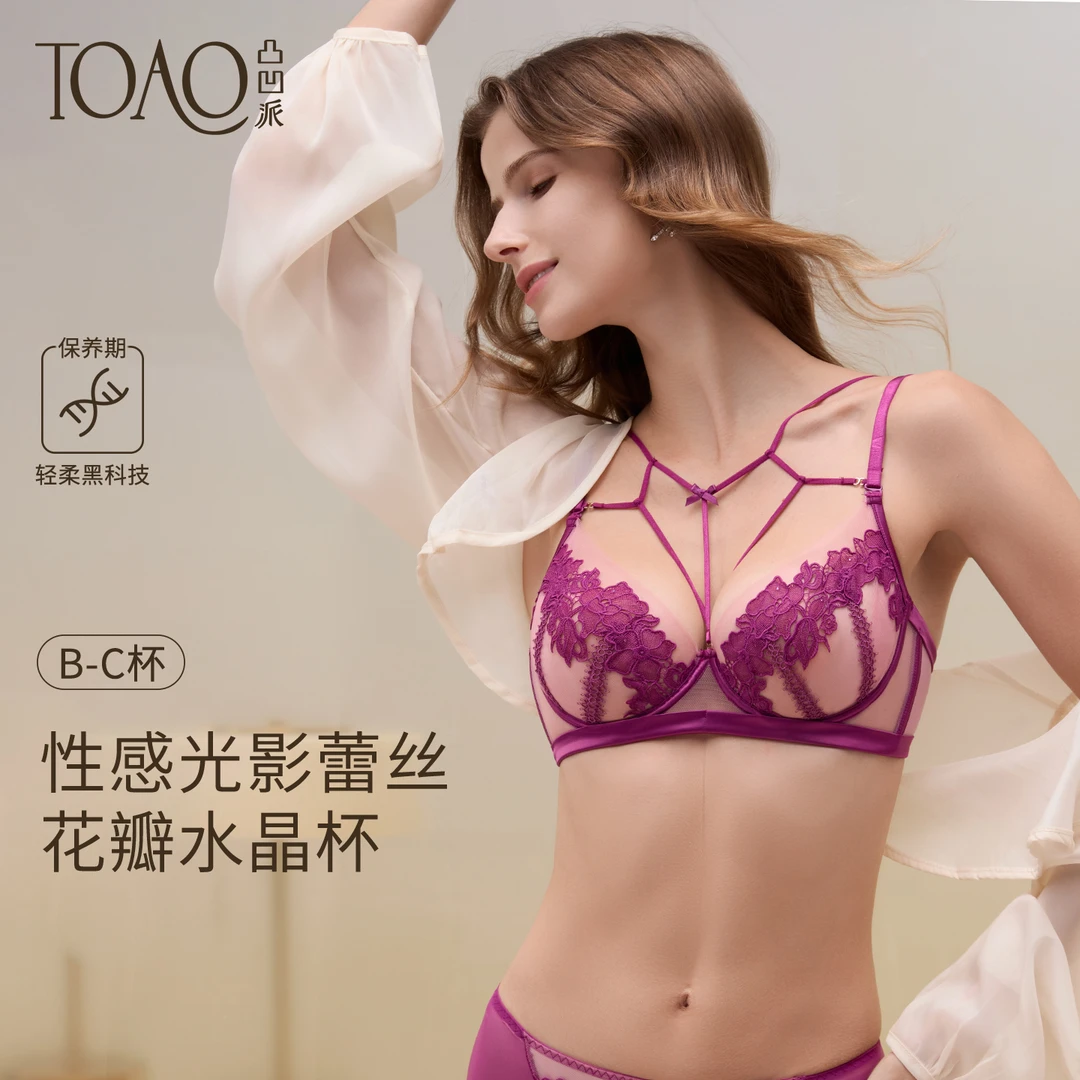 TOAO性感网纱法式蕾丝内衣女纯欲高级感交叉美胸带大胸显小文胸罩