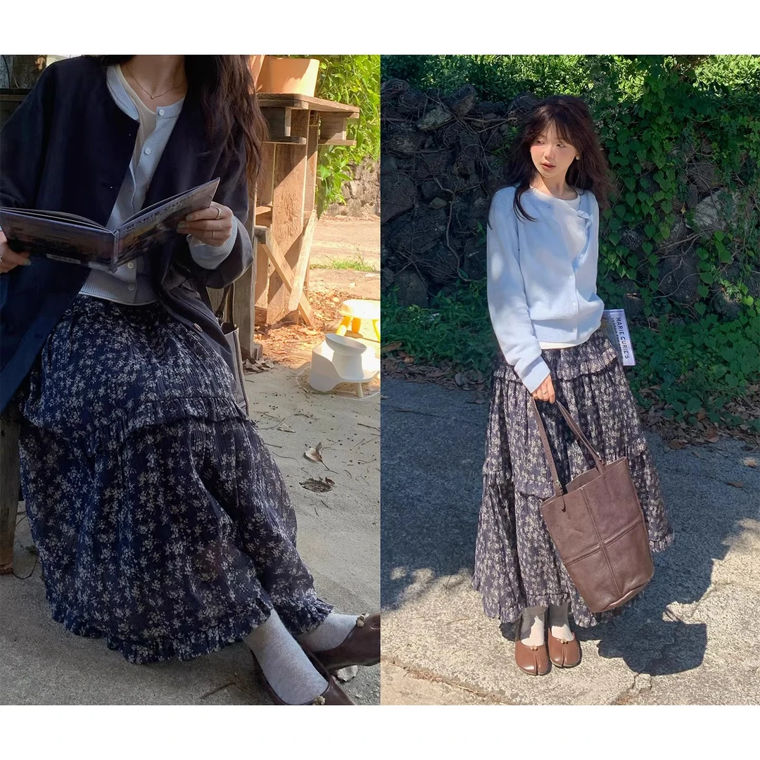 一三良品小个子 秋季复古文艺碎花松紧高腰显瘦半身裙女T581D