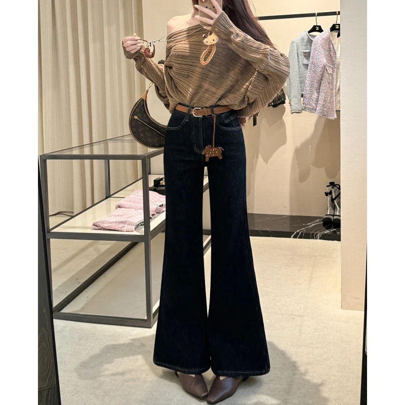 丹宁蓝不贴腿喇叭加绒牛仔裤女宽松女秋冬高腰显瘦拖地阔腿直筒裤