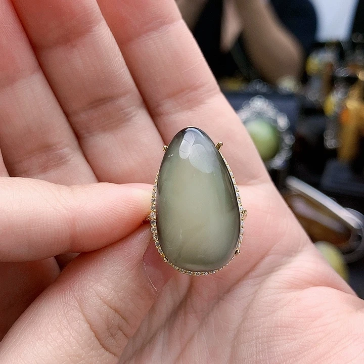 琥珀裸石银S925镶嵌戒指