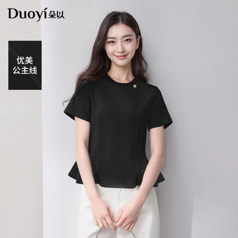 朵以2025夏季新款时尚休闲小众简约荷叶边圆领短袖T恤40VX348180
