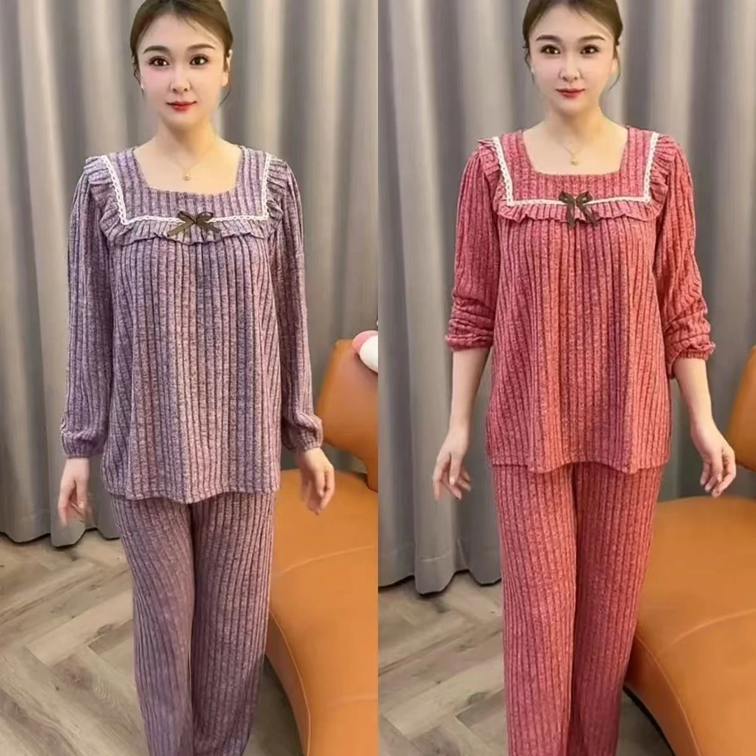 新款睡衣女大码秋冬网红法式方领宽松减龄甜美洋气家居服套装