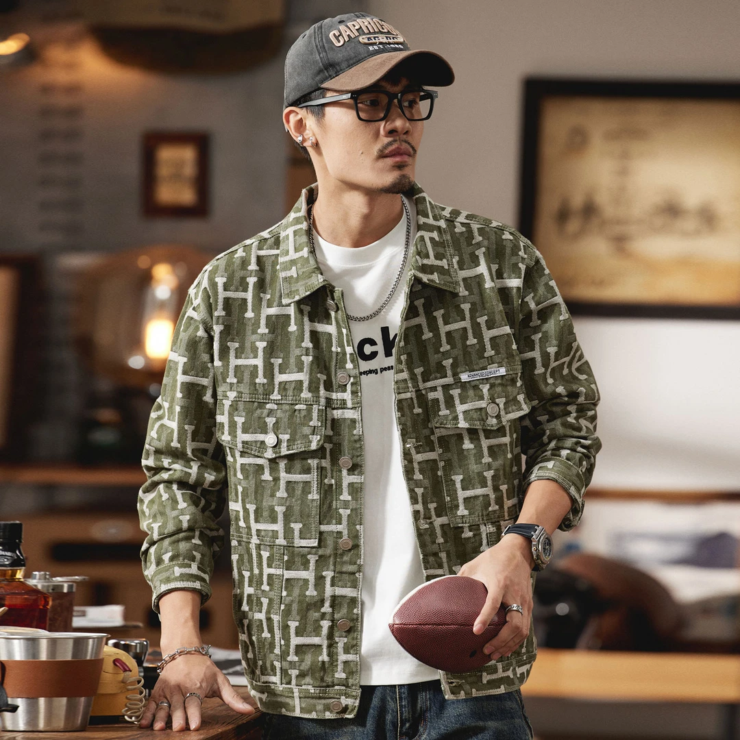 军绿色字母提花牛仔夹克男生春秋季新款宽松工装高级感休闲外套男