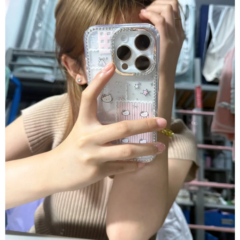 ins可爱粉条纹闪钻KT适用苹果16promax手机壳iPhone15高级14/1312