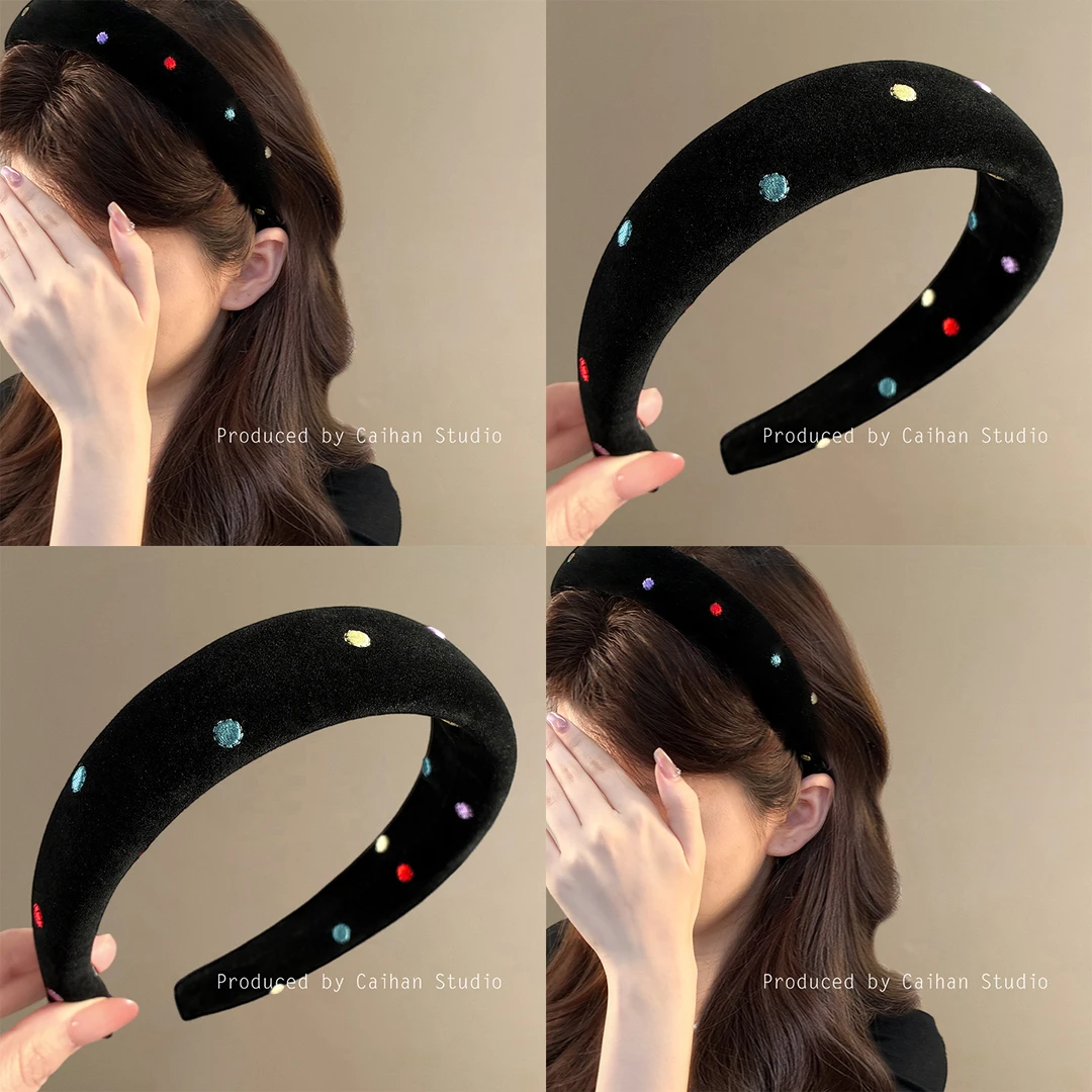 黑糖波波~彩虹波点丝绒发箍高颅顶韩国东大门头箍女新款旅行发卡