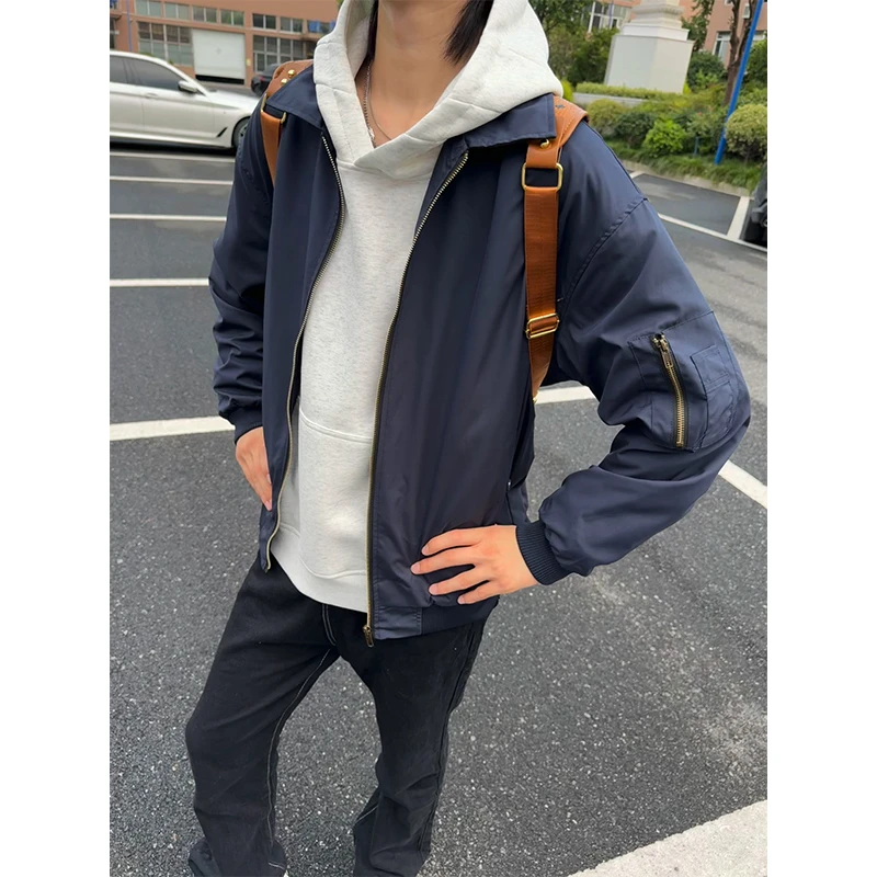 藏青色夹克男女春秋季高级感休闲翻领外套美式复古宽松痞帅棒球服