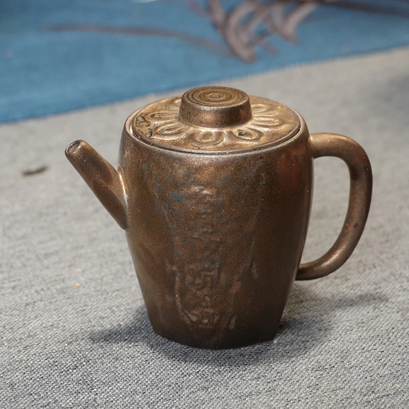 庄老师手作原矿铁胎陶瓷茶具藏铜六字真言小把壶