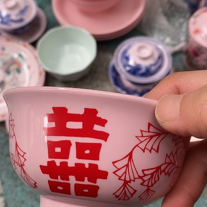 摆件陶红稀土喜字4.5寸碗