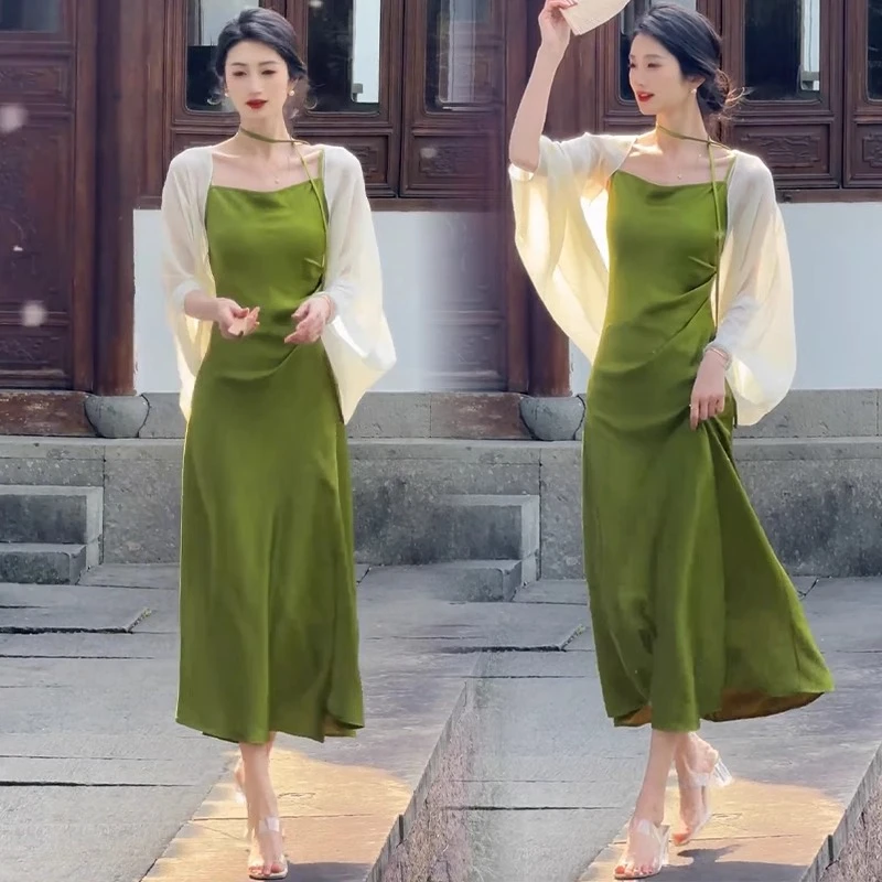 时尚优雅连衣裙女2025夏季新款洋气显瘦冰丝防晒披肩吊带裙两件套