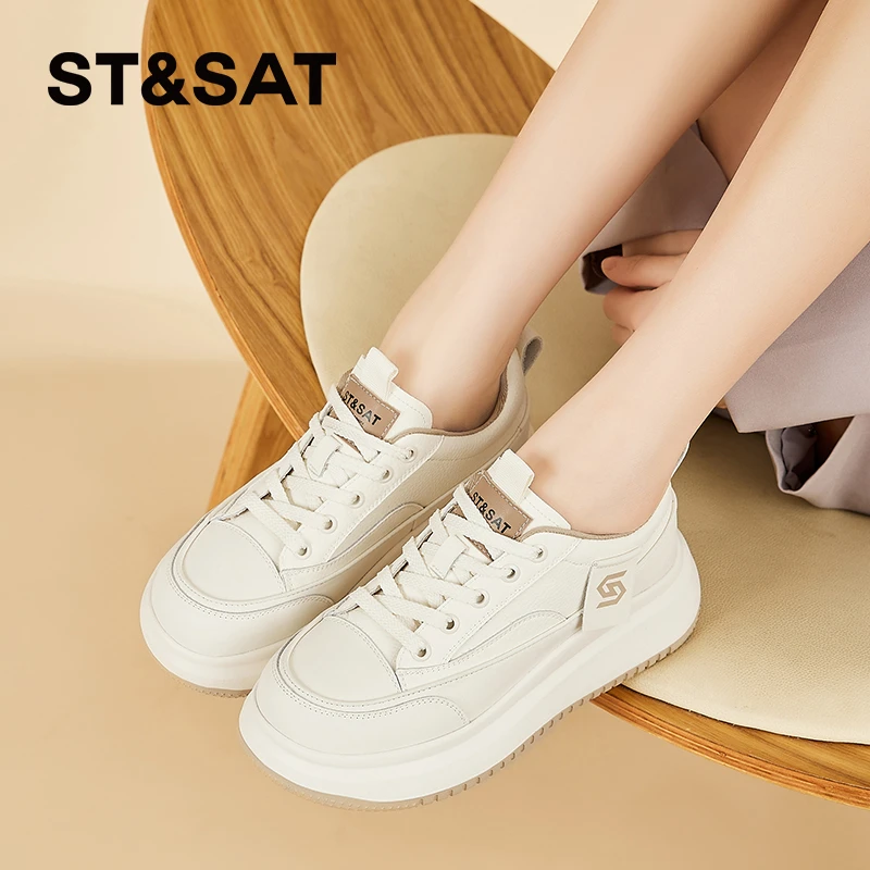 星期六女鞋透气皮面小白鞋2025秋季新款百搭厚底增高运动休闲板鞋