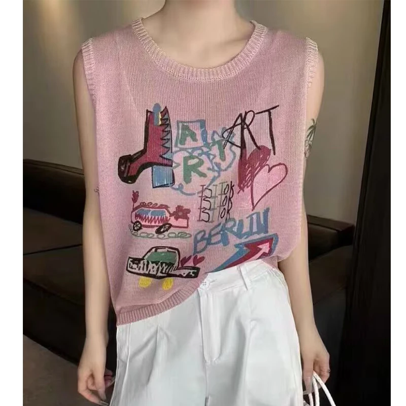 减龄复古背心女夏外穿新款设计感涂鸦印花吊带短款修身无袖上衣薄